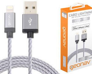 Cabo USB Lightning de Nylon Trançado Reforçado Prata Geonav 1,5m