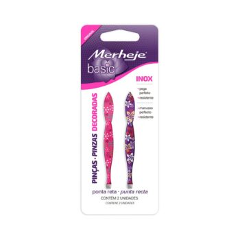 Pinça de Ponta Reta Aço Inox Decorada Merheje 2 Unidades