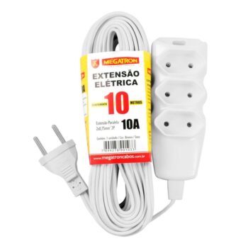 Extensão Elétrica 3 Tomadas 2P Branco Megatron 10A - 10m