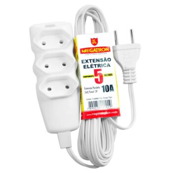 Extensão Elétrica 3 Tomadas 2P Branco Megatron 10A - 5m