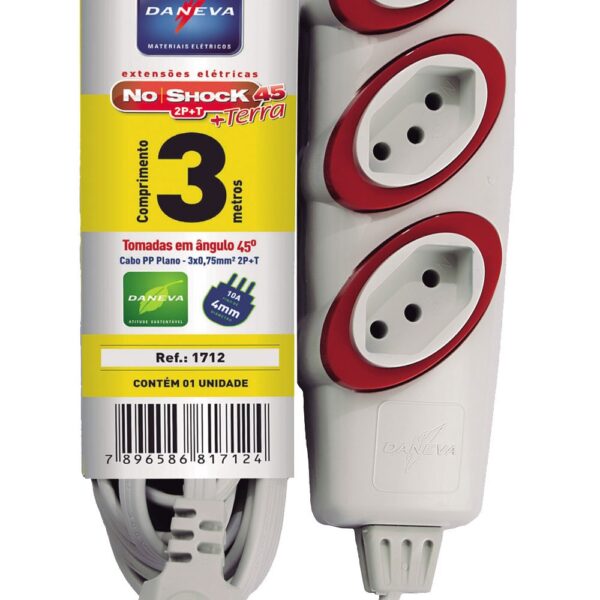 Extensão Elétrica 3 Tomadas 2P+T Branco/Vermelho Daneva 10A - 3m - Imagem 2