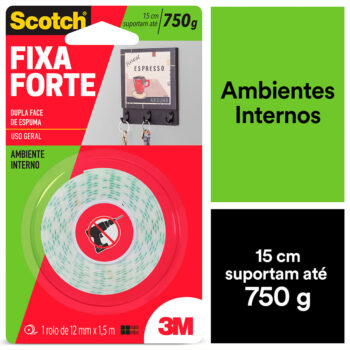 Fita Fixa Forte Dupla Face Ambiente Interno Scotch 3M - 12mmx1,5m