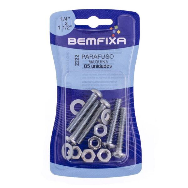 Parafuso Rosca Máquina com Porca e Arruela 1/4" x 1.1/2" Bemfixa 5 Unidades - Imagem 2