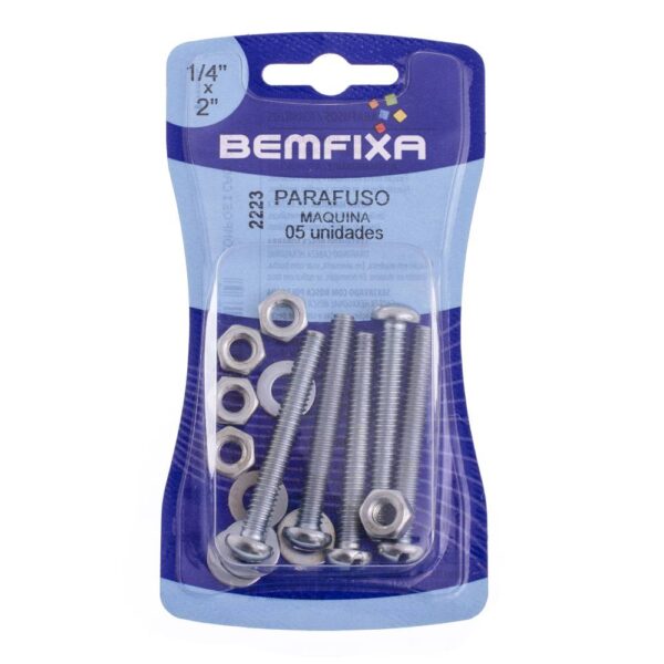Parafuso Rosca Máquina com Porca e Arruela 1/4"x 2" Bemfixa 5 Unidades - Imagem 2