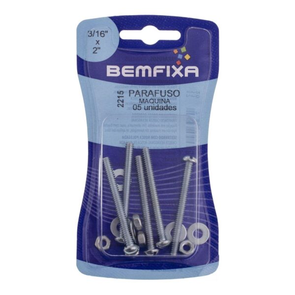 Parafuso Rosca Máquina com Porca e Arruela 3/16"x 2" Bemfixa 5 Unidades - Imagem 2